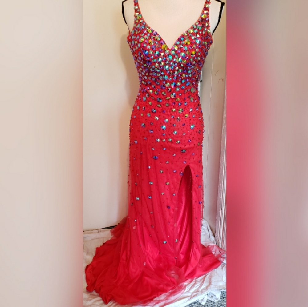 Mori Lee by Madeline Gardner Red Rhinestone Dress